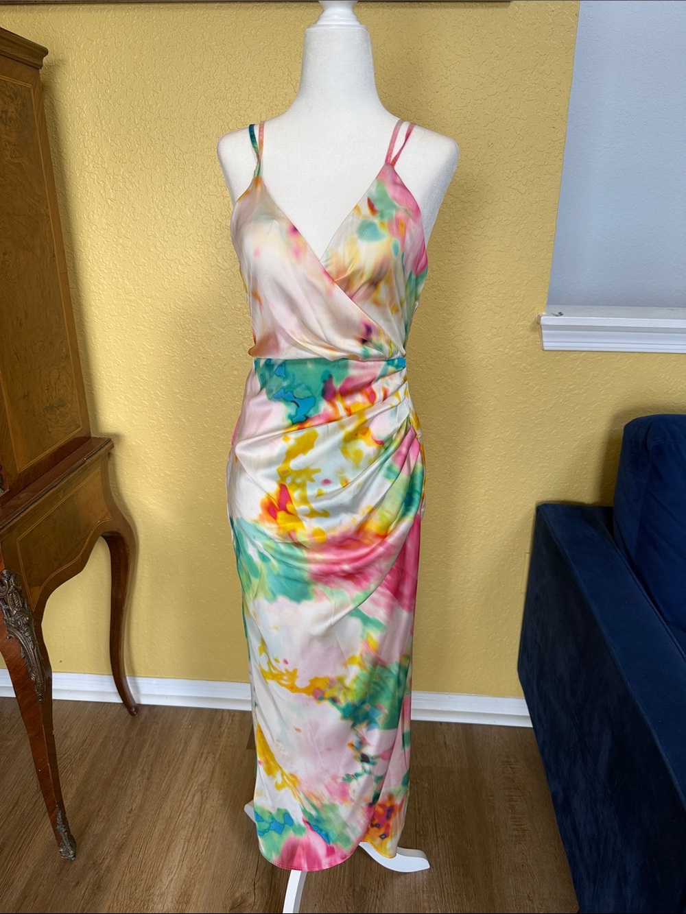Zara Multicolor Watercolor Wrap Maxi Dress in Pink, Green, Yellow